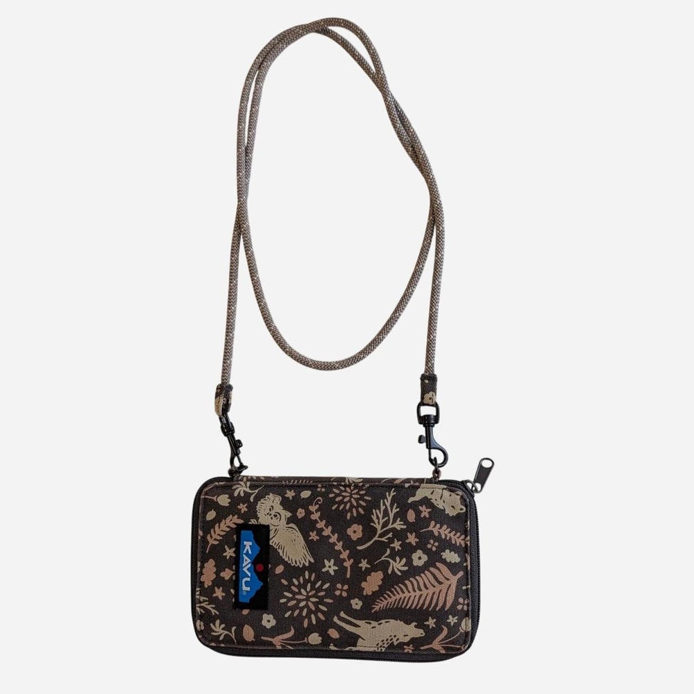 KAVU Go Time Crossbody Wallet Brown Woodland Animal Print Rope Strap